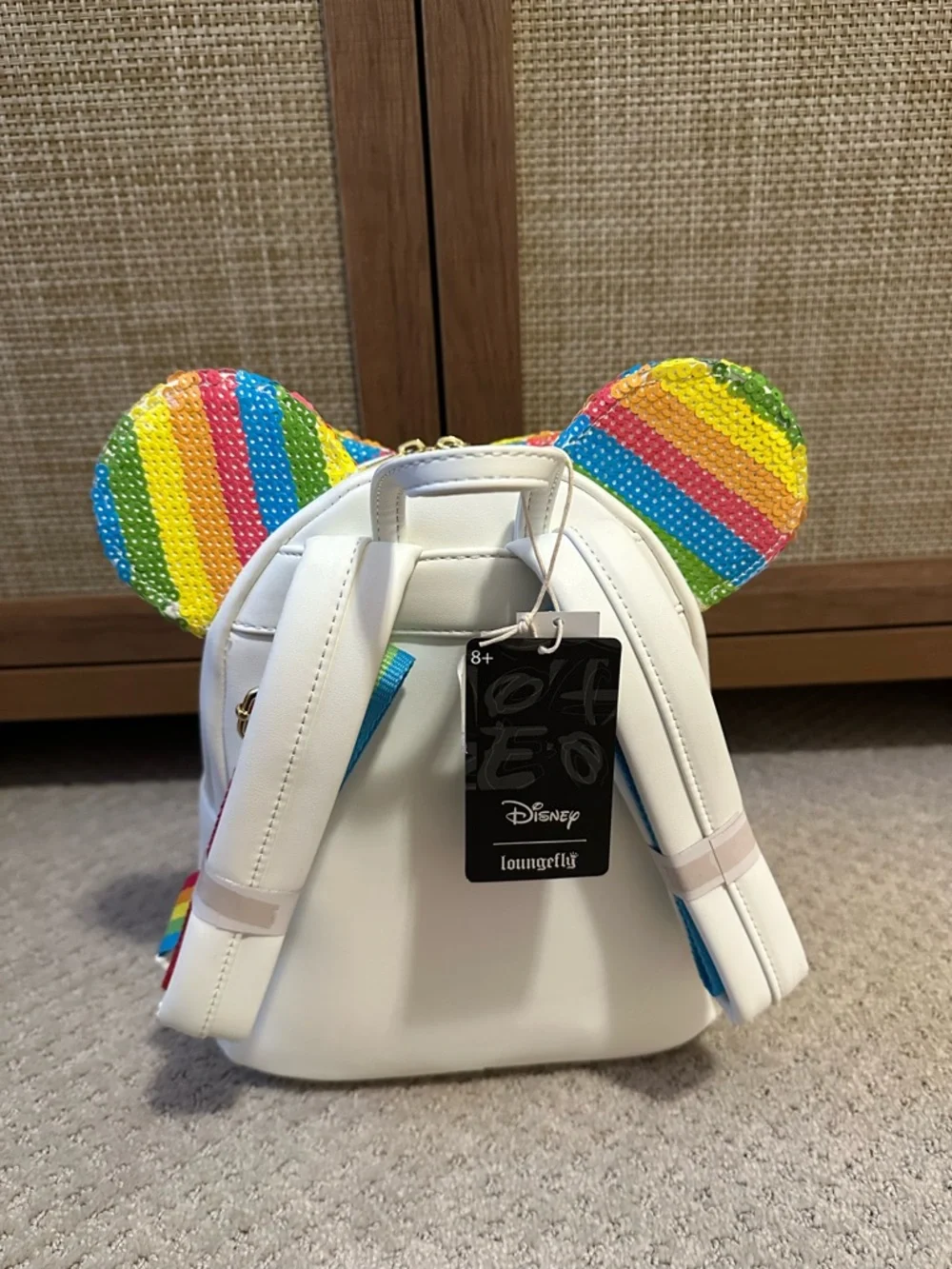 Loungefly White Mini Backpack with Rainbow Sequin Ears and Bow - Picture 3 of 3